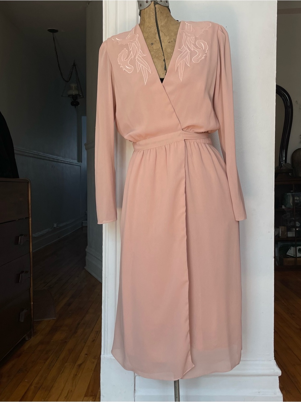 Vintage Peach Wrap Midi Dress with Embroidered Neckline